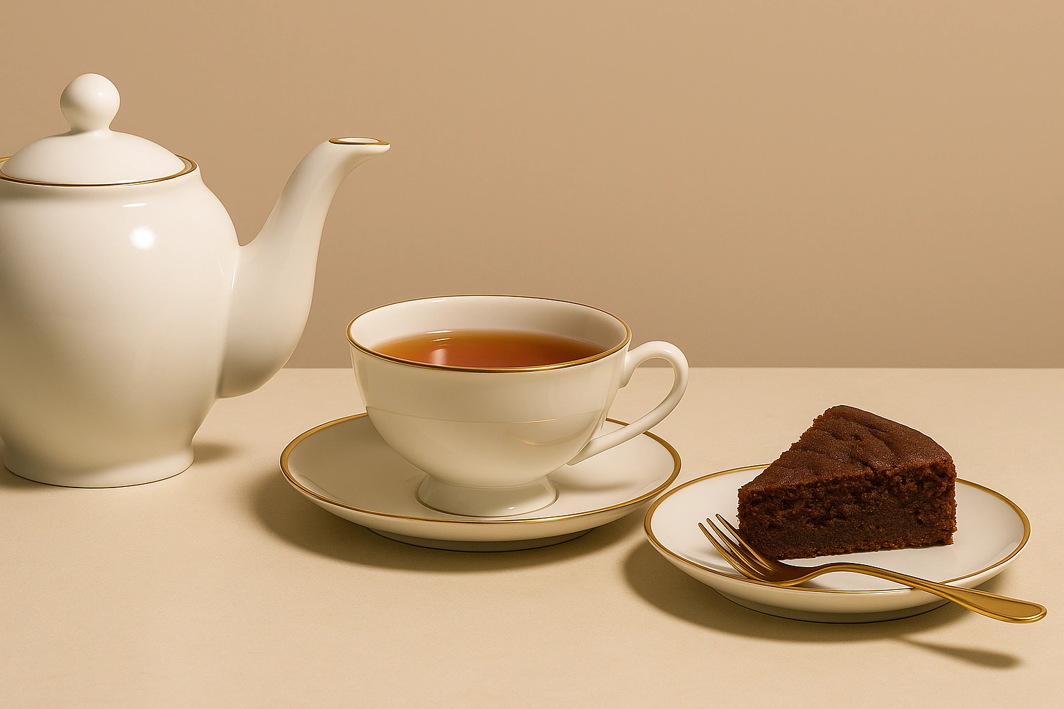 SChwarzer Tee mit Teekanne und Schokokuchen - Hintergrund